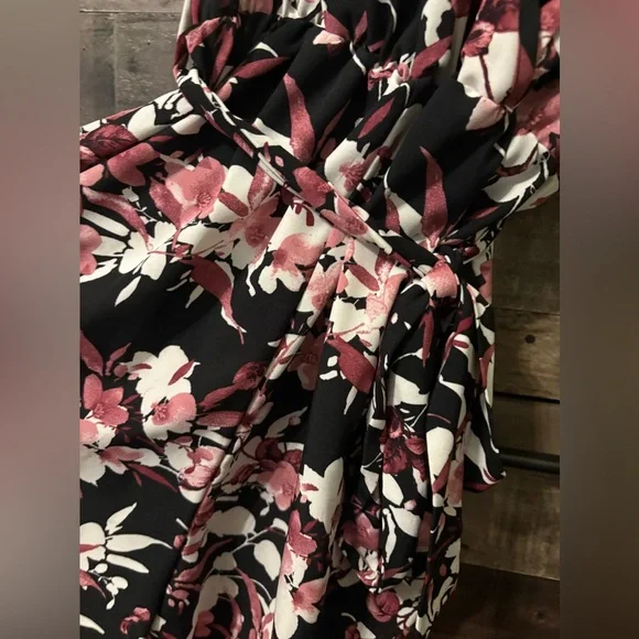 Black Floral Wrap Romper with Pink and Cream Blooms - Picture 3 of 5